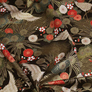 Tissu coton motif japonais TSURU aux grues dorées, chrysanthèmes & Seigaiha, fond noir - COLLECTION JAPON DORÉ - TissusPapi.com