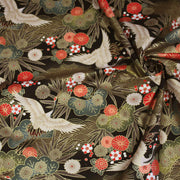 Tissu coton motif japonais TSURU aux grues dorées, chrysanthèmes & Seigaiha, fond noir - COLLECTION JAPON DORÉ - TissusPapi.com