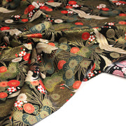 Tissu coton motif japonais TSURU aux grues dorées, chrysanthèmes & Seigaiha, fond noir - COLLECTION JAPON DORÉ - TissusPapi.com