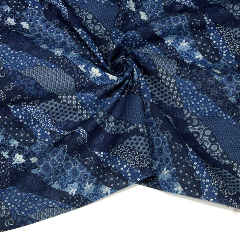 Tissu SHIBUYA, motifs japonais & faux - uni bleu : cotonnade ou gabardine - OEKO - TEX - TissusPapi.com