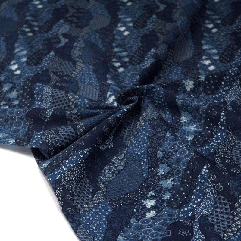 Tissu SHIBUYA, motifs japonais & faux - uni bleu : cotonnade ou gabardine - OEKO - TEX - TissusPapi.com