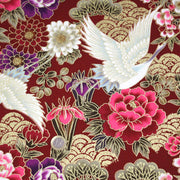 Tissu coton motif japonais TSURU aux grues dorées, chrysanthèmes & Seigaiha, fond rouge - COLLECTION JAPON DORÉ - TissusPapi.com