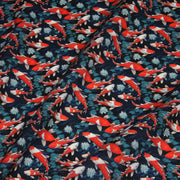 Tissu cotonnade motif japonais KOï aux poissons carpes koï rouges, fleurs et fond bleu - OEKO - TEX - TissusPapi.com