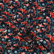 Tissu cotonnade motif japonais KOï aux poissons carpes koï rouges, fleurs et fond bleu - OEKO - TEX - TissusPapi.com