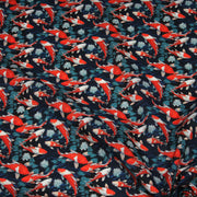 Tissu cotonnade motif japonais KOï aux poissons carpes koï rouges, fleurs et fond bleu - OEKO - TEX - TissusPapi.com