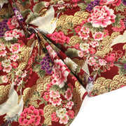 Tissu coton motif japonais TSURU aux grues dorées, chrysanthèmes & Seigaiha, fond rouge - COLLECTION JAPON DORÉ - TissusPapi.com