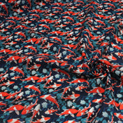Tissu cotonnade motif japonais KOï aux poissons carpes koï rouges, fleurs et fond bleu - OEKO - TEX - TissusPapi.com