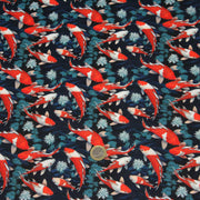 Tissu cotonnade motif japonais KOï aux poissons carpes koï rouges, fleurs et fond bleu - OEKO - TEX - TissusPapi.com