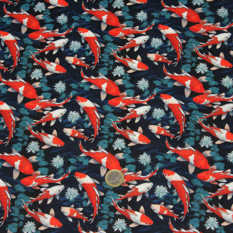 Tissu cotonnade motif japonais KOï aux poissons carpes koï rouges, fleurs et fond bleu - OEKO - TEX - TissusPapi.com