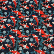 Tissu cotonnade motif japonais KOï aux poissons carpes koï rouges, fleurs et fond bleu - OEKO - TEX - TissusPapi.com