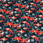 Tissu cotonnade motif japonais KOï aux poissons carpes koï rouges, fleurs et fond bleu - OEKO - TEX - TissusPapi.com