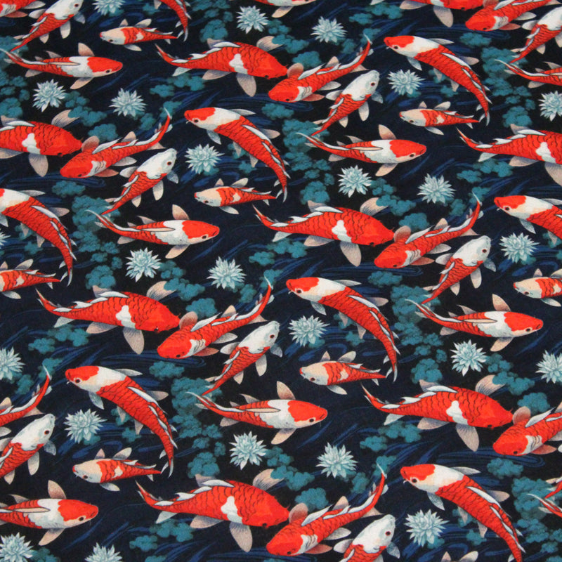 Tissu cotonnade motif japonais KOï aux poissons carpes koï rouges, fleurs et fond bleu - OEKO - TEX - TissusPapi.com