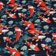 Tissu cotonnade motif japonais KOï aux poissons carpes koï rouges, fleurs et fond bleu - OEKO - TEX - TissusPapi.com
