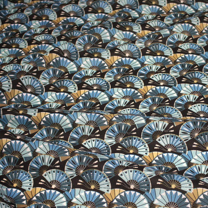 Tissu coton aux eventails japonais bleus et noirs - OEKO-TEX