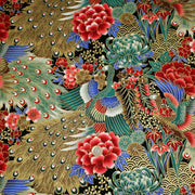 Tissu coton motif japonais aux paons dorés, tons bleus & rouges ou mauves & rouge - COLLECTION JAPON DORÉ - TissusPapi.com