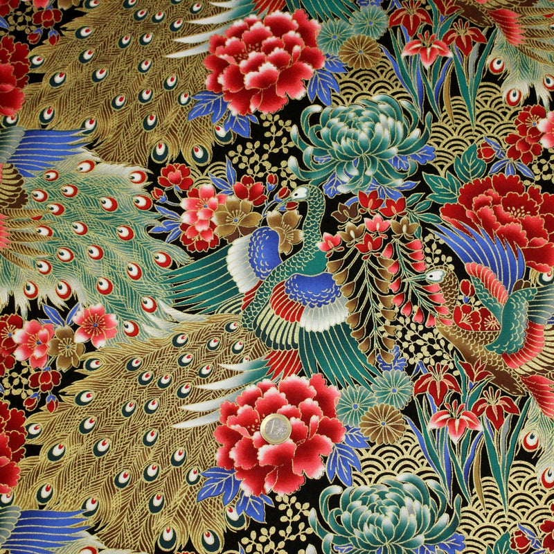 Tissu coton motif japonais aux paons dorés, tons bleus & rouges ou mauves & rouge - COLLECTION JAPON DORÉ - TissusPapi.com