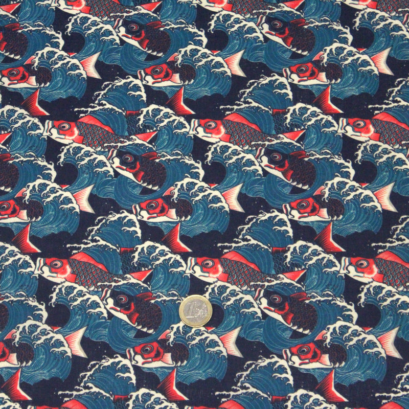 Tissu cotonnade motif japonais KOï aux poissons carpes koï rouges & vagues Hokusai - OEKO - TEX - TissusPapi.com