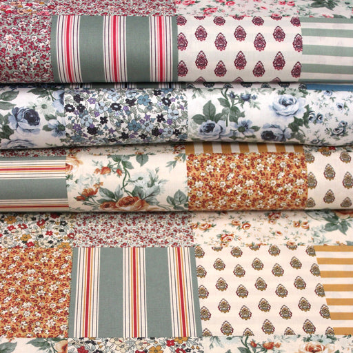 Tissu cotonnade motif patchwork imprimé floral et multicolore, trois teintes dispo : Rose / Bleu / Ocre - STANDARD 100 OEKO-TEX - TissusPapi.com