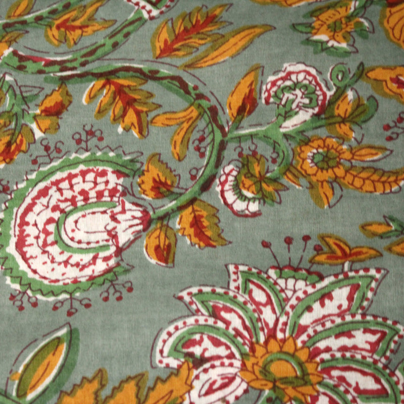Tissu coton fin imprimé INDIENNES, vert amande aux fleurs jaunes rouges et blanches - TissusPapi.com