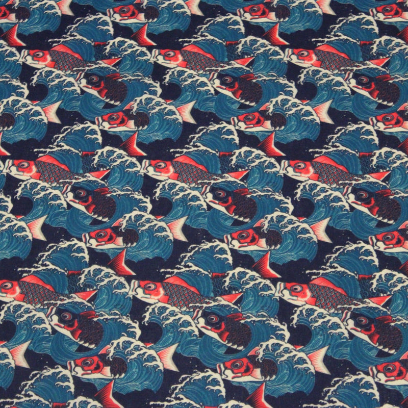 Tissu cotonnade motif japonais KOï aux poissons carpes koï rouges & vagues Hokusai - OEKO - TEX - TissusPapi.com