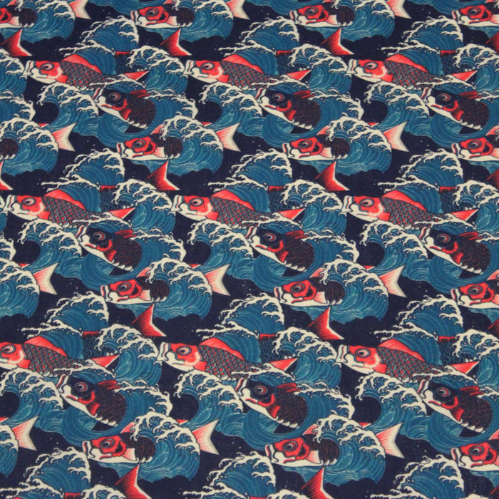 Tissu cotonnade motif japonais KOï aux poissons carpes koï rouges & vagues Hokusai