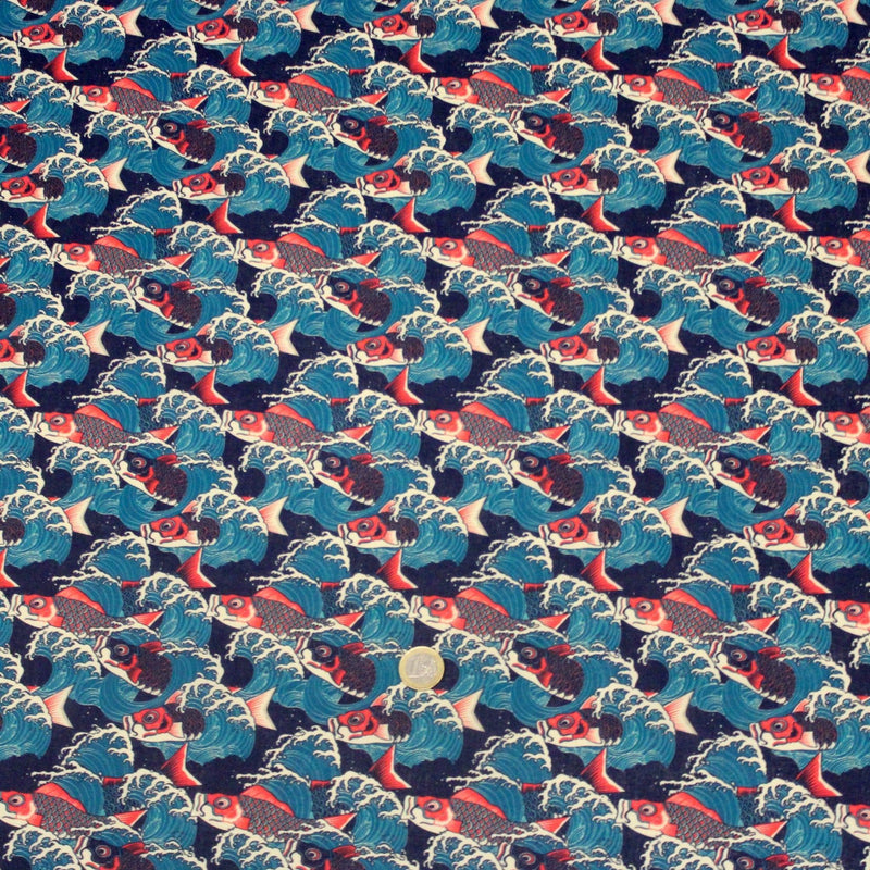 Tissu cotonnade motif japonais KOï aux poissons carpes koï rouges & vagues Hokusai - OEKO - TEX - TissusPapi.com