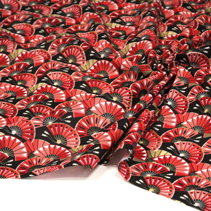 Tissu coton aux eventails japonais rouges et noirs - OEKO-TEX