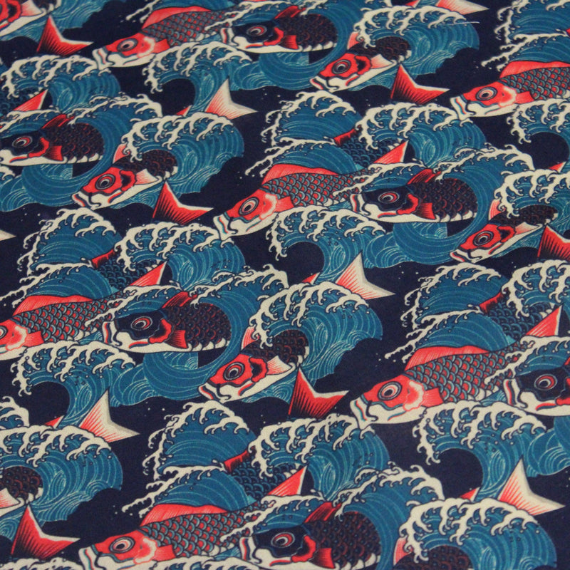 Tissu cotonnade motif japonais KOï aux poissons carpes koï rouges & vagues Hokusai - OEKO - TEX - TissusPapi.com