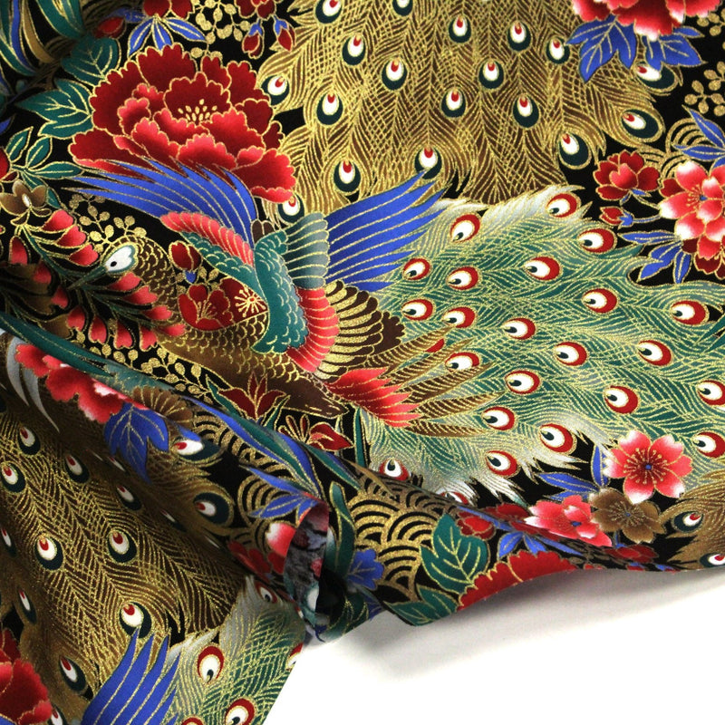 Tissu coton motif japonais aux paons dorés, tons bleus & rouges ou mauves & rouge - COLLECTION JAPON DORÉ - TissusPapi.com