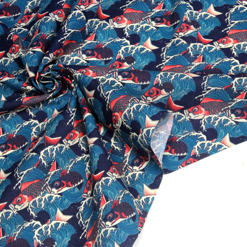 Tissu cotonnade motif japonais KOï aux poissons carpes koï rouges & vagues Hokusai - OEKO - TEX - TissusPapi.com