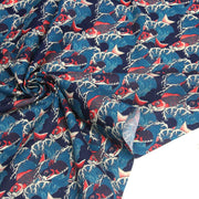 Tissu cotonnade motif japonais KOï aux poissons carpes koï rouges & vagues Hokusai - OEKO - TEX - TissusPapi.com