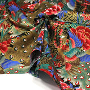 Tissu coton motif japonais aux paons dorés, tons bleus & rouges ou mauves & rouge - COLLECTION JAPON DORÉ - TissusPapi.com