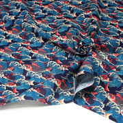 Tissu cotonnade motif japonais KOï aux poissons carpes koï rouges & vagues Hokusai - OEKO - TEX - TissusPapi.com