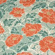 Tissu cotonnade NAOSHIMA fleurs pivoine oranges et motifs japonais vert amande - OEKO - TEX - TissusPapi.com