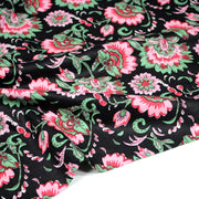 Tissu coton fin imprimé INDIENNES, noir aux fleurs roses rouges et vertes - TissusPapi.com
