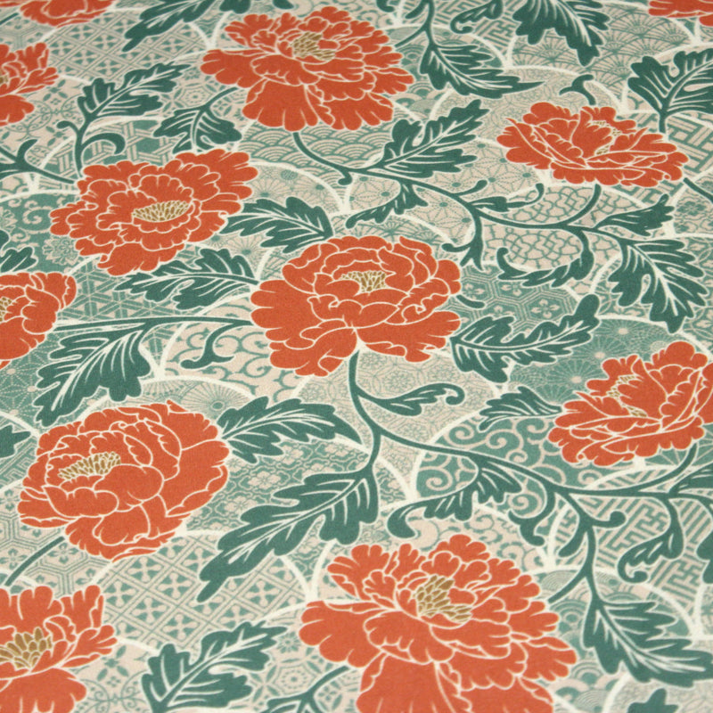 Tissu cotonnade NAOSHIMA fleurs pivoine oranges et motifs japonais vert amande - OEKO - TEX - TissusPapi.com