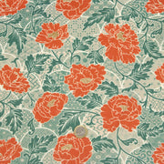 Tissu cotonnade NAOSHIMA fleurs pivoine oranges et motifs japonais vert amande - OEKO - TEX - TissusPapi.com