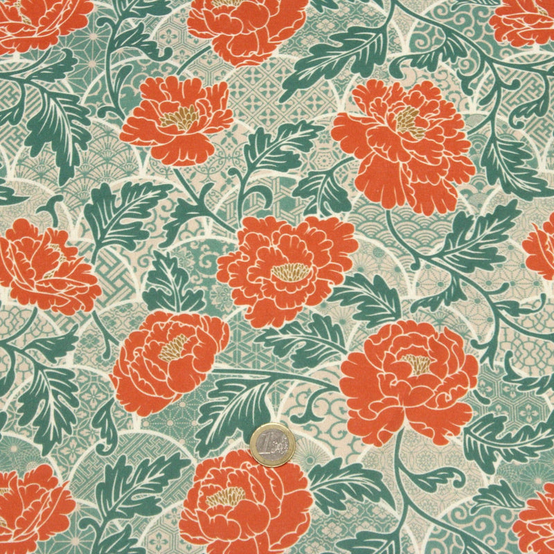 Tissu cotonnade NAOSHIMA fleurs pivoine oranges et motifs japonais vert amande - OEKO - TEX - TissusPapi.com