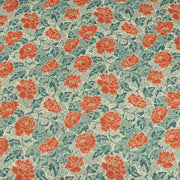 Tissu cotonnade NAOSHIMA fleurs pivoine oranges et motifs japonais vert amande - OEKO - TEX - TissusPapi.com