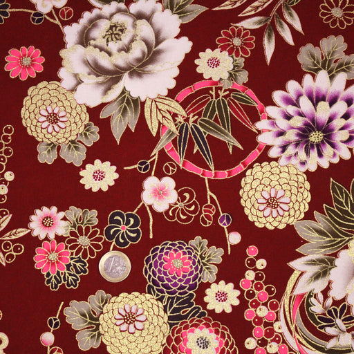 Tissu coton motif japonais aux fleurs dorées, fond bleu ou rouge - COLLECTION JAPON DORÉ - TissusPapi.com