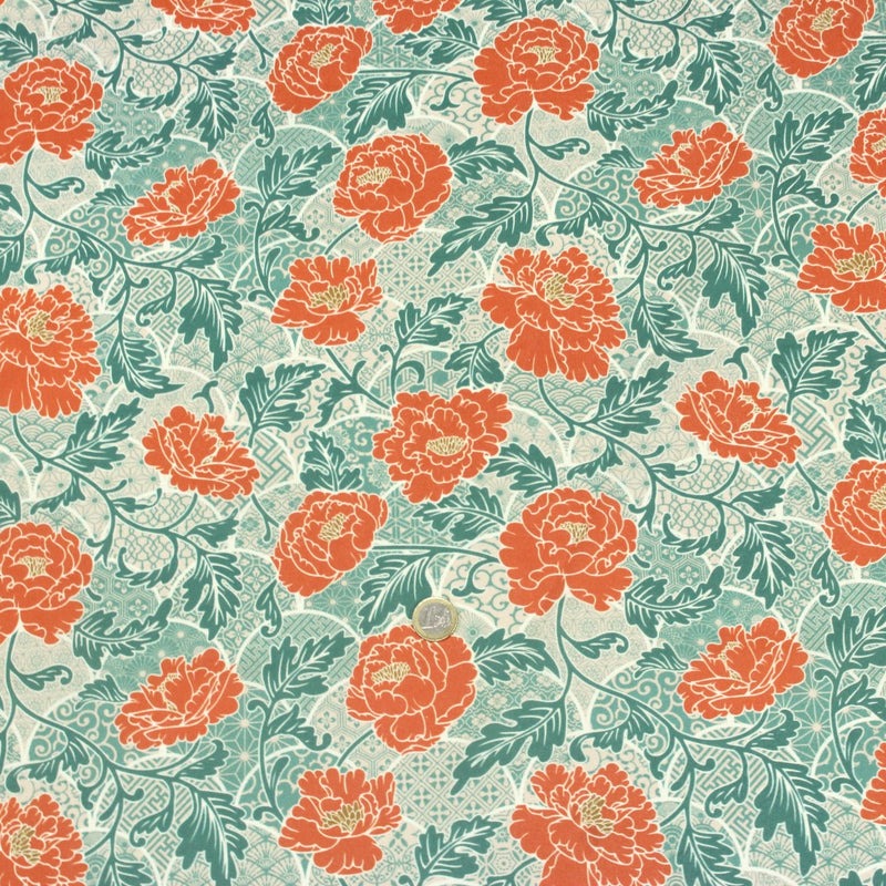 Tissu cotonnade NAOSHIMA fleurs pivoine oranges et motifs japonais vert amande - OEKO - TEX - TissusPapi.com