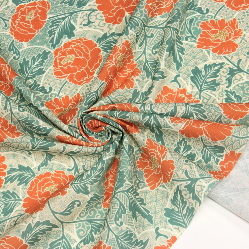 Tissu cotonnade NAOSHIMA fleurs pivoine oranges et motifs japonais vert amande - OEKO - TEX - TissusPapi.com