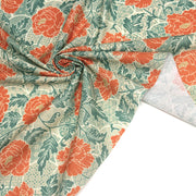 Tissu cotonnade NAOSHIMA fleurs pivoine oranges et motifs japonais vert amande - OEKO - TEX - TissusPapi.com