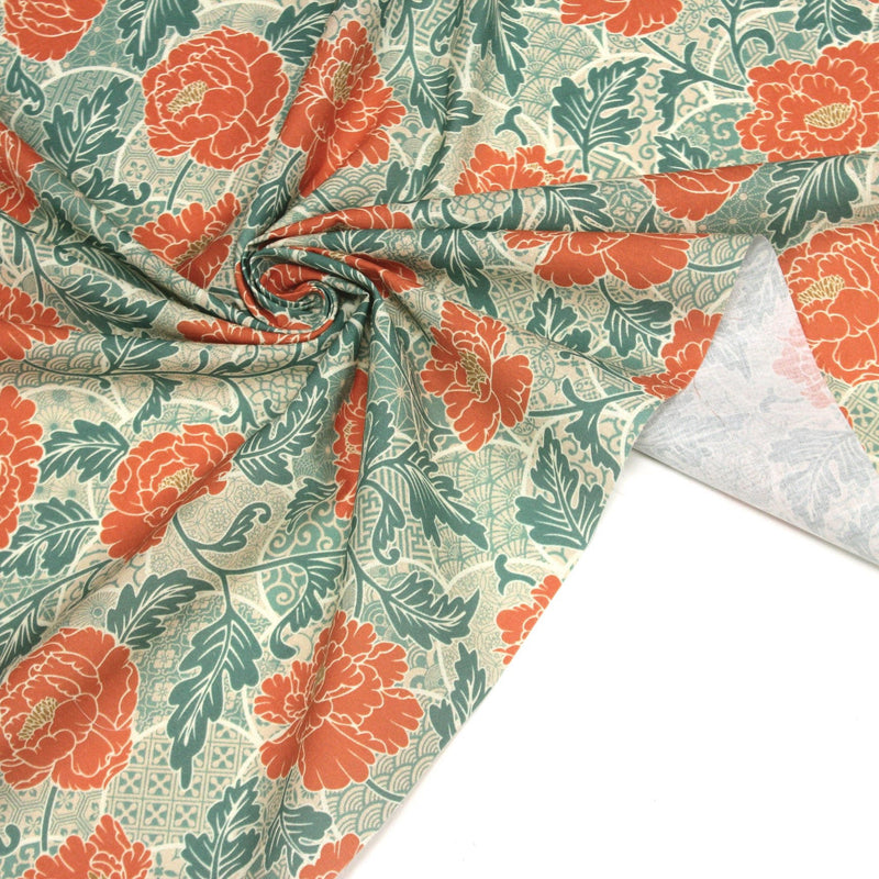 Tissu cotonnade NAOSHIMA fleurs pivoine oranges et motifs japonais vert amande - OEKO - TEX - TissusPapi.com