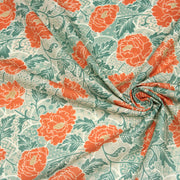 Tissu cotonnade NAOSHIMA fleurs pivoine oranges et motifs japonais vert amande - OEKO - TEX - TissusPapi.com