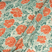 Tissu cotonnade NAOSHIMA fleurs pivoine oranges et motifs japonais vert amande - OEKO - TEX - TissusPapi.com