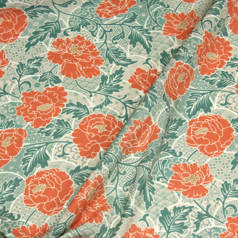 Tissu cotonnade NAOSHIMA fleurs pivoine oranges et motifs japonais vert amande - OEKO - TEX - TissusPapi.com