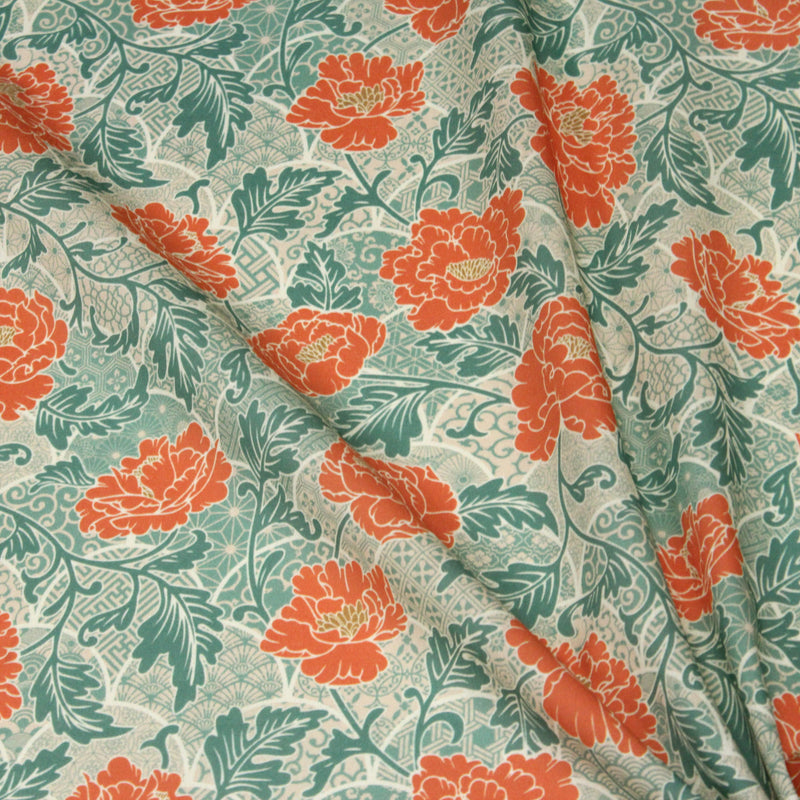 Tissu cotonnade NAOSHIMA fleurs pivoine oranges et motifs japonais vert amande - OEKO - TEX - TissusPapi.com