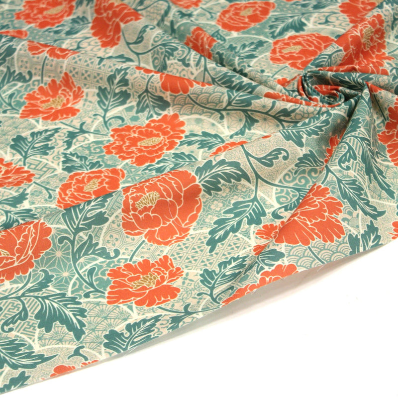 Tissu cotonnade NAOSHIMA fleurs pivoine oranges et motifs japonais vert amande - OEKO - TEX - TissusPapi.com