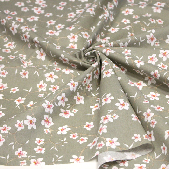 Tissu coton taupe aux fleurs d'amandier - OEKO-TEX